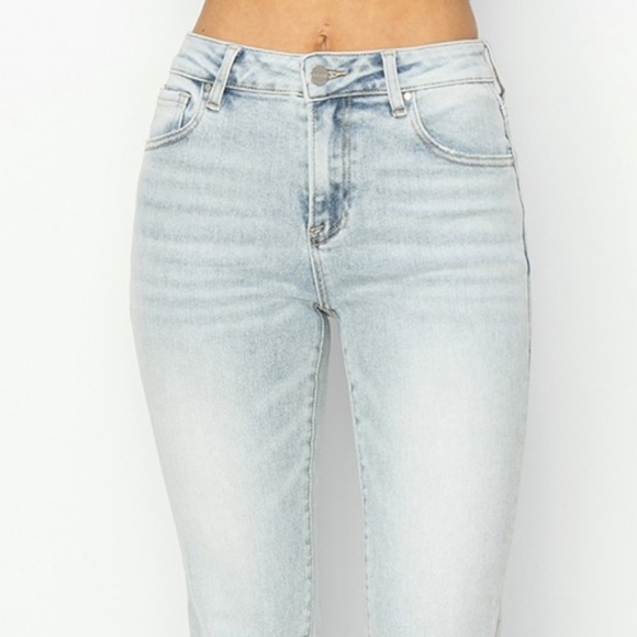 RISEN High-Rise Waist Skinny Fit Denim Pants Cropped Wide Flare Hem Blue Jeans - Picture 5 of 16